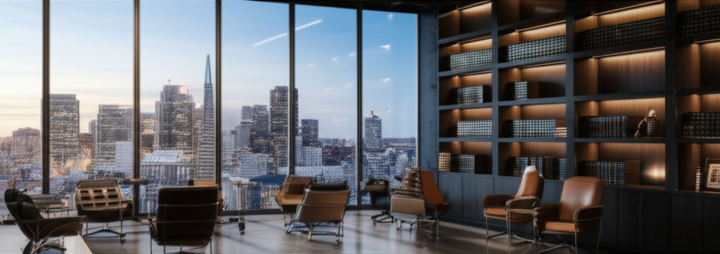 Modern law office with San Francisco skyline view